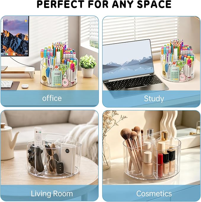 Acrylic Rotating Pencil Holder, 360° Clear Pen & Marker Organizer | Crayon Art Supply Organizer with 6 Compartments and Carry Handle for Desk, Home, Office, Classroom