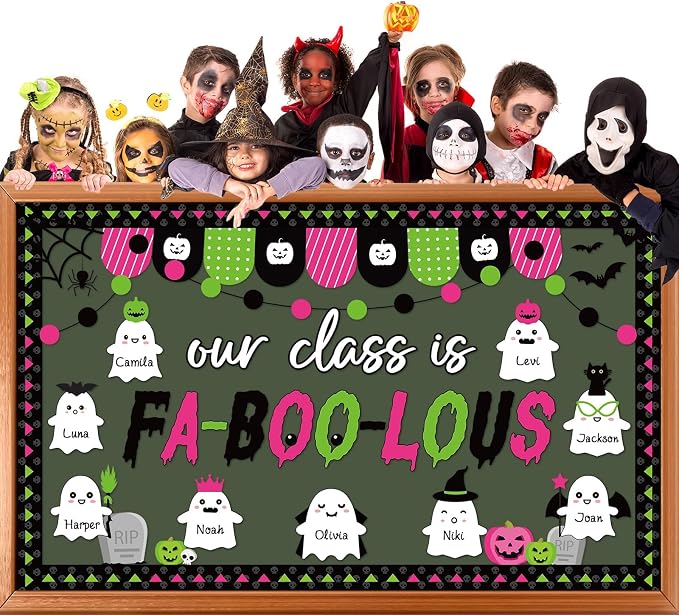 Halloween Ghost Bulletin Board Decoration Witch Bat Pumpkin Spider Web Paper Cutouts Boo Ghost Pattern Classroom Decor Halloween Party Bulletin Board for School Chalkboard Wall Decor Teacher Supplies