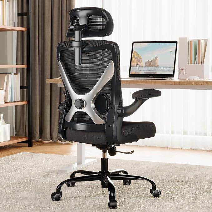 Ergonomic Office Chair: Mesh Desk Chair Comfy with Headrest& Lumbar Support | Ergalithic Big and Tall Office Chairs with Wheels & Flip-Up Arms-Computer Gaming Chairs for Adults (Black-Pack of 4)