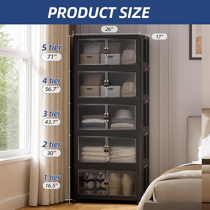 SAILUN 580Qt Stackable Storage Bins,Storage Cabinet with a Lid,5 Pack Black | Stackable Storage Drawers with Lids,26" W x 17" D x 71" H,Featuring open-front Access for Closet Storage