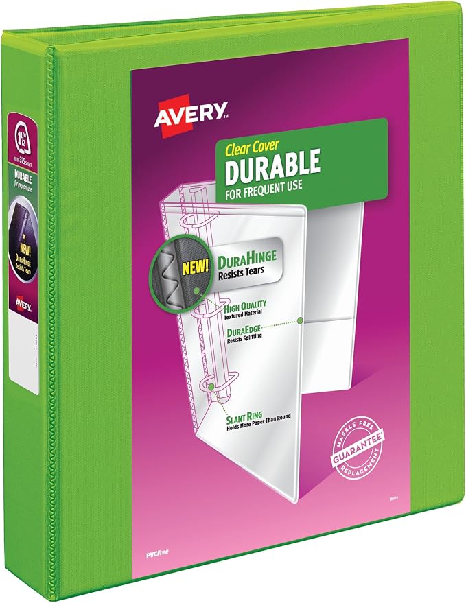 Avery Durable View 3 Ring Binder, 1.5" Rings, 1 Chartreuse Binder | For Daily School and Office Use, DuraHinge Tear-Resistant Spine, DuraEdge Split-Resistant Edges, Nonstick Interior Pockets