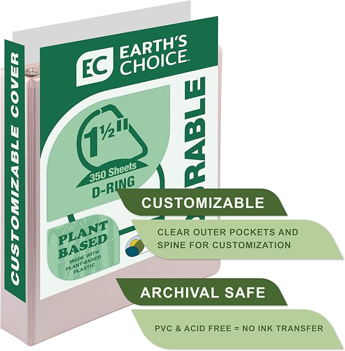 Samsill Plant-Based 1.5 Inch Durable D-Ring, View Binder, Eco-Friendly, USDA Certified Biobased, Single, Light Pink