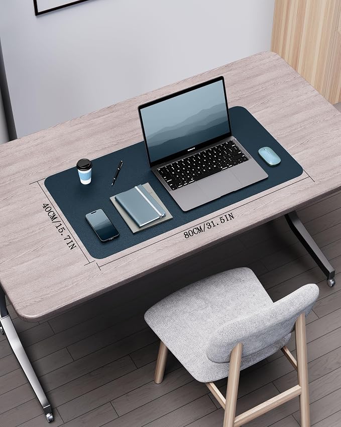 YSAGi Double-Sided Desk Pad, 31.5"x15.7"Leather Desk Mat, Eco Cork Desk Pad Protector,Large Mouse Pad,Waterproof Desk Blotter for Office/Home(Dark Blue)