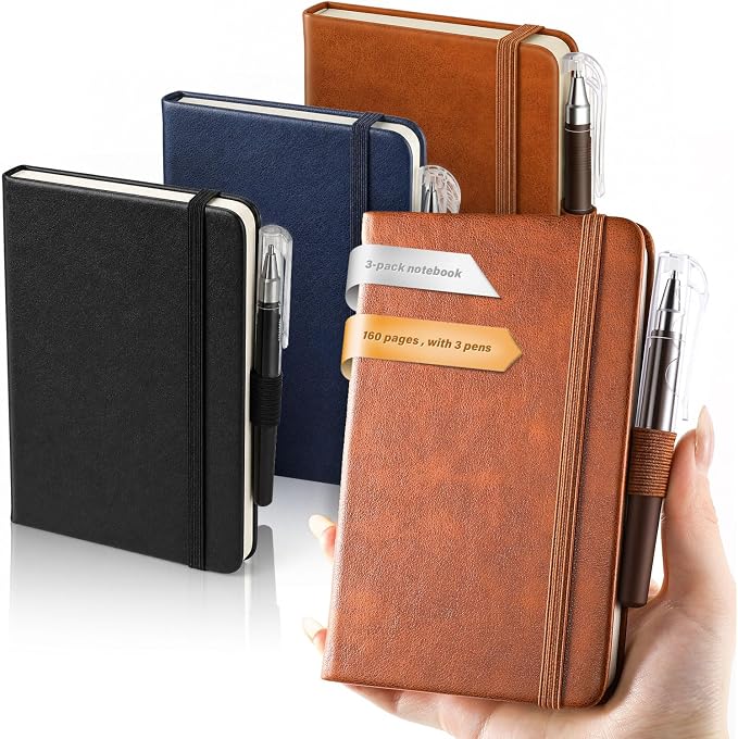 Small Notebook Journal - 3 Pack Total 480 Pages - Pocket Notebooks with Pens for Work - 3.7" x 5.7" A6 Notebook - Hardcover Mini Notebooks