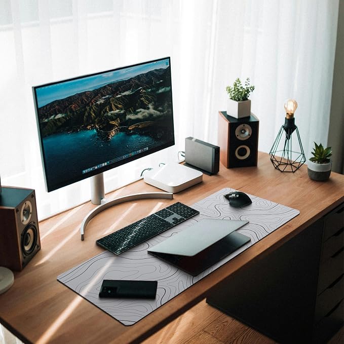 MAY FLOWER Large Gaming Mouse Pad, Full Keyboard Mat, Long Laptop Mousepad, Computer Mouse Mat for Home and Office, Anti-Slip Rubber Base, 31.5 x 11.8 Inches (Grey White Topographic Map)