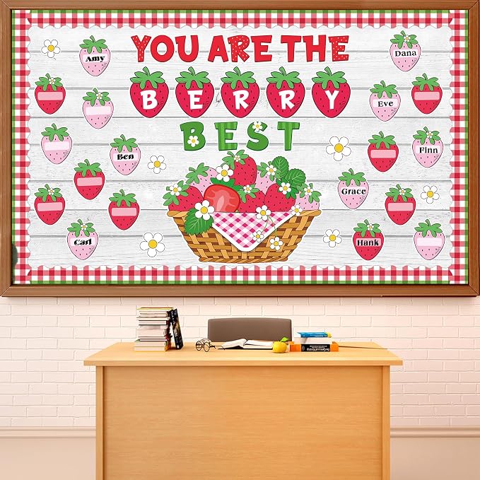 Strawberry Bulletin Board Set Back to School Classroom Decorations Summer Berry Flower Border Pink Sweet Fruit Name Tags Paper Cutouts for Teacher Strawberry School Supplies Chalkboard Wall Door Decor