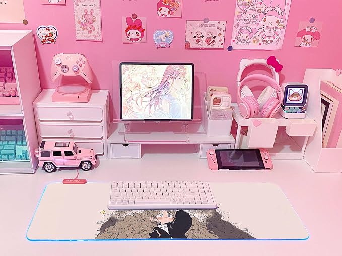 JMIYAV Pink RGB Gaming Mouse Pad 31.5x12 Inch PC XL Large Extended Glowing Led Light Up Desk Pad Non-Slip Rubber Base Computer Cute Mousepad Mat Desk Accessories Gaming Setup Fuzzy Shelter