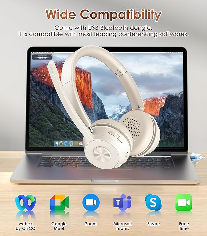 Wireless Headset with Mic for Work, Bluetooth Headset with Noise Cancelling | Headphones with Mic Mute & USB Dongle for PC/Computer/Laptop/Cell Phones/Remote Work/Call Center (Beige White)