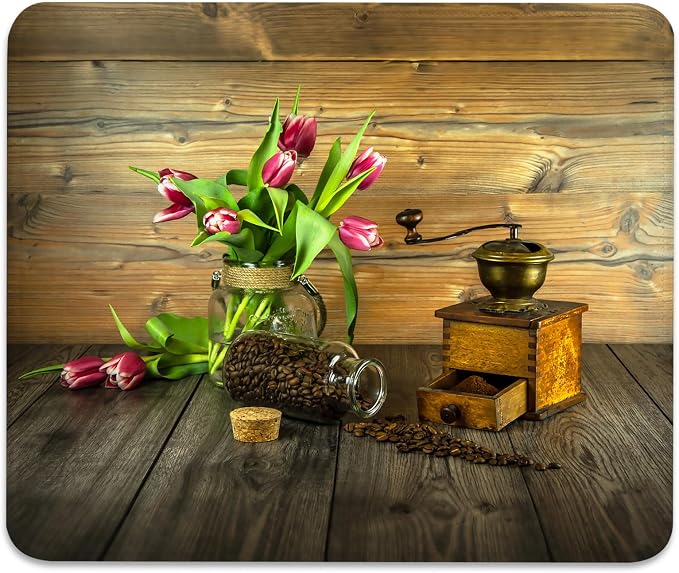 Vintage Coffee Beans Grinder with Pink Tulips Mouse Pad, Cute Desk Mat | Rustic Farmhouse Kitchen Design, Mousepad Stitched, Anti-Slip Base Smooth Surface, 9.5 x 7.9 Inches