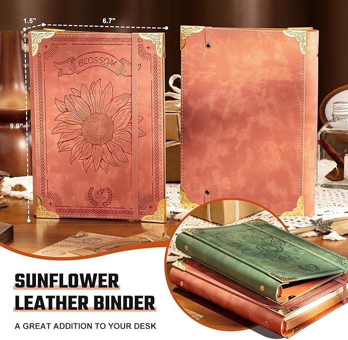 Sunflower PU Leather A5 Binder 6 Ring Refillable Journal Cover No Inserts A5 Planner Binder Loose Leaf Binder for Notebook 5.7”x8.3” with Elastic Closure, Green