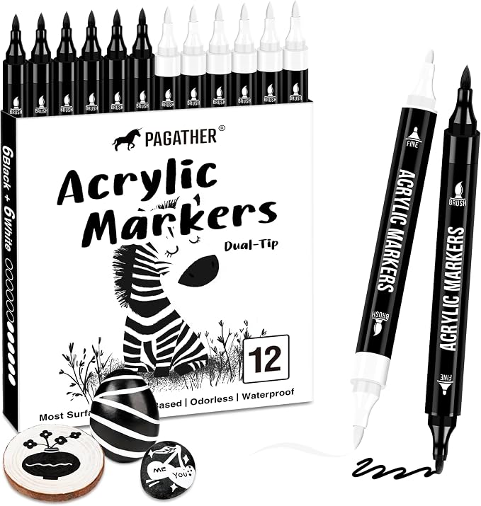 Pagather Black and White Acrylic Paint Markers, 12 Dual Tip with Fine Tip and Brush Tip Pens for Fabric, Stone, Wood, Canvas, Ceramic, Metal, Glass, Rock Painting, DIY Crafts