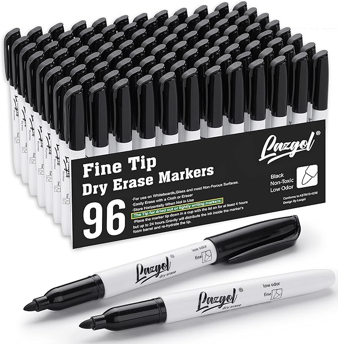 Dry Erase Markers Bulk, 96 Pack Fine Point Tip Black Dry Erase Markers, Low Odor Whiteboard Markers for Back to School, Office, Home, Work On White board & Calendar, Refrigerator.