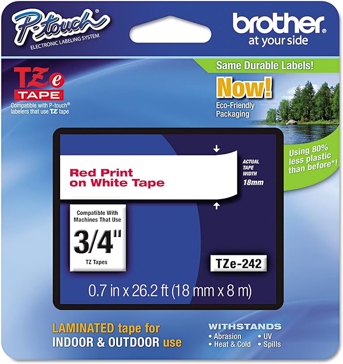 Brother Genuine P-Touch TZE-242 Tape, 18mm (0.7 " ) Standard Laminated P-Touch Tape, Red on White, Laminated for Indoor or Outdoor Use, Water-Resistant, 26.2 ft (8 m), Single-Pack