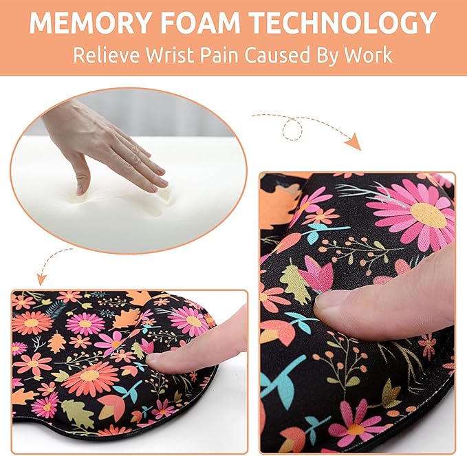 Ergonomic Mouse Pad with Wrist Rest, Small Mousepad with Non-Slip Rubber Base and Smooth Surface, Black Flowers Mouse Pads for Desk, Office Desk Accessories