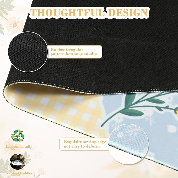 iCasso Aesthetic Checkered Desk Mat with Floral Design, Butter Yellow | XXL Mouse Pad and Keyboard Mat, Cute Flower Mousepad for Grily Desktop Decor, Office Home Laptop Accessories