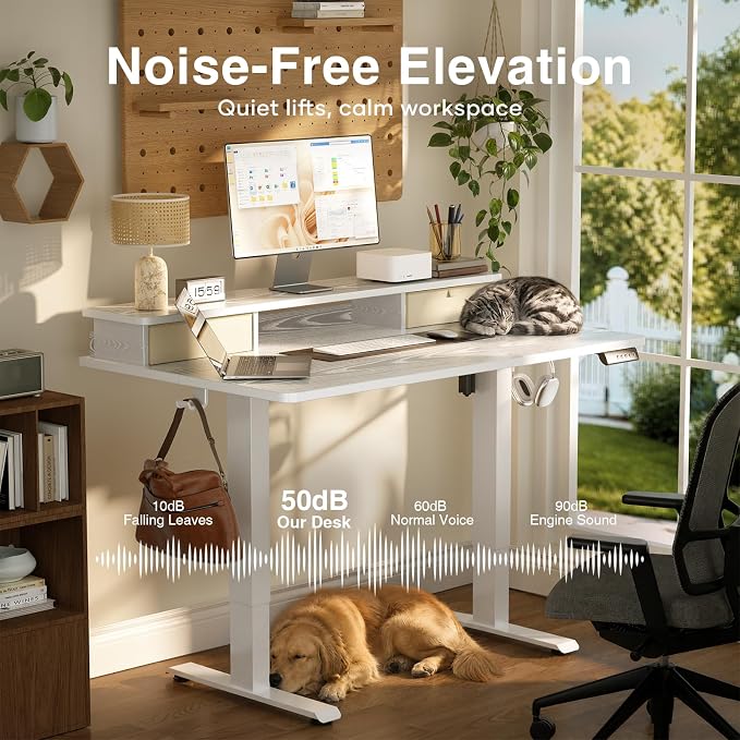 Veken 55x26 in Electric Standing Desk with Drawers, Adjustable Table, White | Stand up Computer Desk for Home Office, Work & Study, with Storage, 3 Memory Presets, Cable Organizer, Hook, and Quiet Lift.