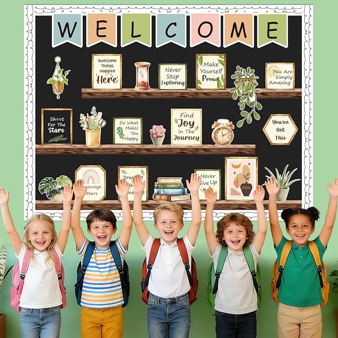 59Pcs Welcome Back to School Bulletin Board Decorations, Boho Classroom Decor, Greenery Plant Bookshelf Inspirational Affirmation Cutouts for Teacher Supplies Office Classroom Door Wall Decor