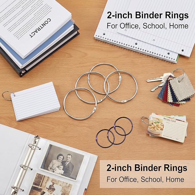 Loose Leaf Binder Rings Office Book Ring Clips 2 inch (20 Pack) for Index Cards Note Paper Metal Nickel Plated (Silver)