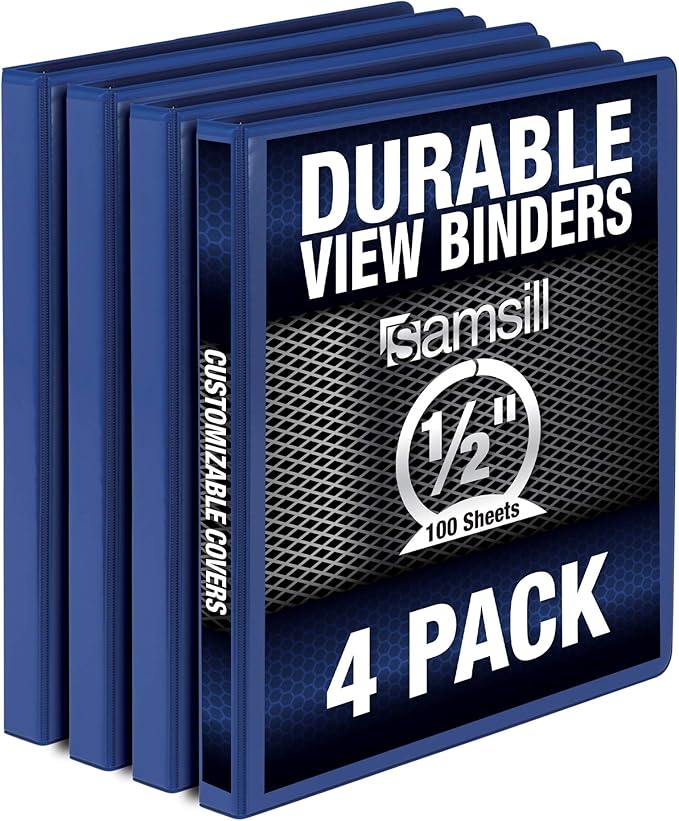Samsill 4 Pack Durable 0.5 Inch 3 Ring Binders, Round Ring, Clear View Cover for Presentations, Blue