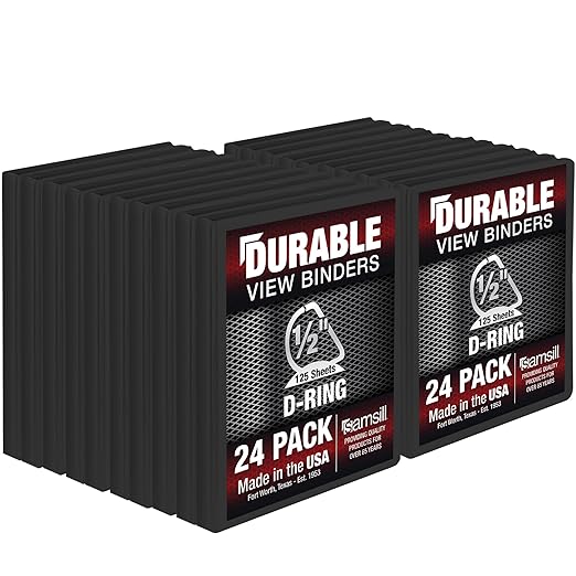 Samsill Durable 0.5 Inch Binder, D Ring Binder, Customizable Clear View Cover, Black, 24 Pack, Each Holds 125 Pages