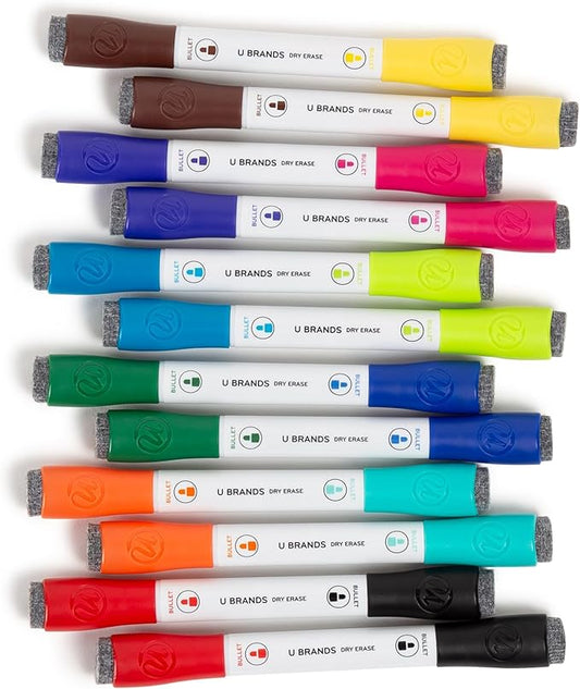 U Brands Fine Tip Dry Erase Markers with Eraser, Magnetic Double-Ended Whiteboard Markers, Low Odor, Assorted Bright Colors, Set of 12