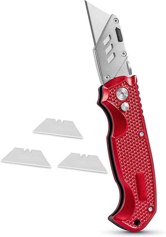 BIRDROCK HOME Utility Knife Set - Retractable Box Cutter with Heavy Duty Razor Blade - Professional Cutting Tool for Cardboard, Package, Warehouse, Office, Construction - 3 Extra Blades Refill - Red
