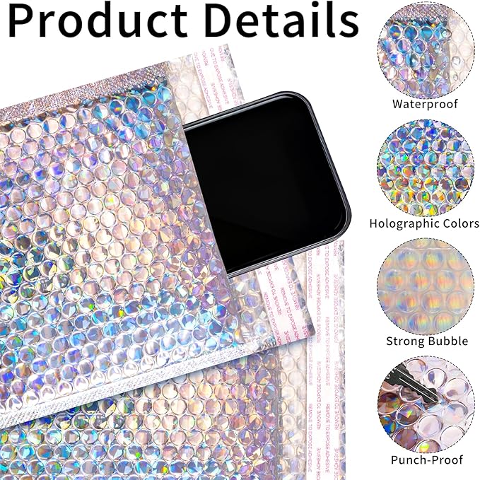 Metallic Bubble Mailers Set of 50, 3 Sizes Holographic Bubble Shipping Bags, Waterproof Self Seal Padded Cushion Envelopes for Packing, Mailing, Business, Jewelry, Makeup
