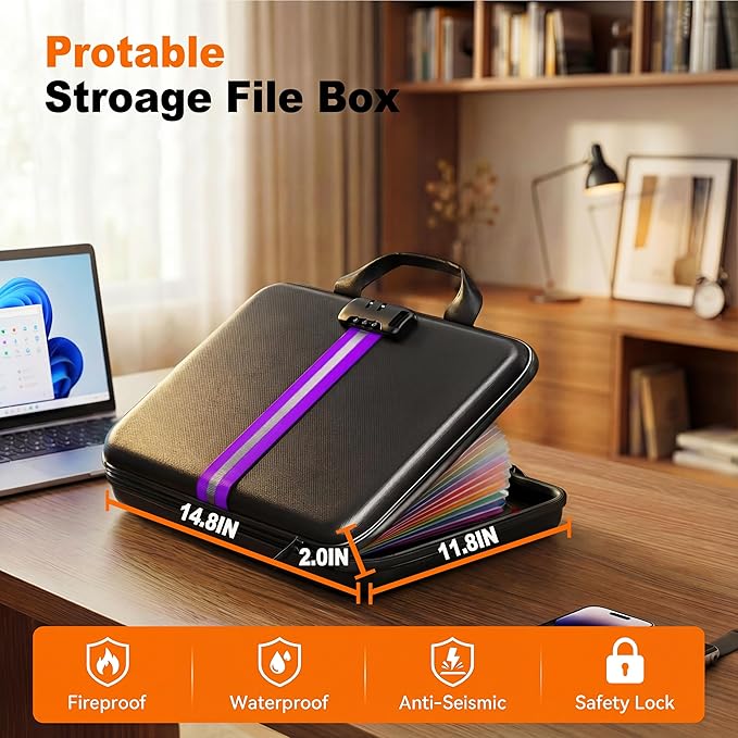 Fireproof Accordion File Organizer with Lock,Hard-Shell Fireproof Document Box with 13 Pockets for Certificates, Passports Laptop Important Documents Portable Home Office Travel Safe Storage