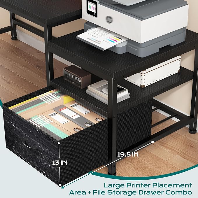 EnHomee 56.5" Office Desk with Drawers & Printer Space for Home Work,Black | Computer Desk with 3 AC Outlets& 2 USB Ports,Waterproof LED Strip Lights,Monitor Stand & Side Pockets,Home Office,Bedroom