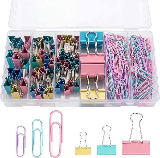 240PCS Binder Clips and Paper Clips Set - Assorted Sizes Colorful Office Supplies Kit with Storage Box, Large Medium Small Clips for Desk Organization, School, Home