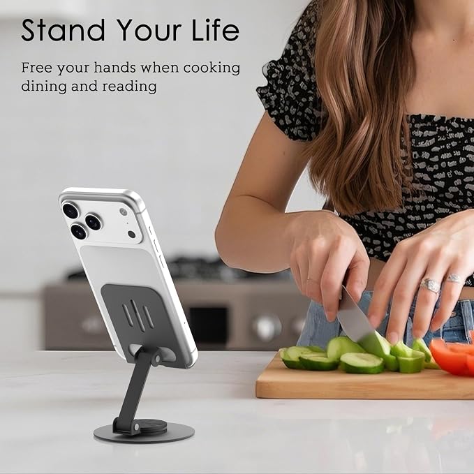Metal Cell Phone Stand for Desk, Multi-Angel Adjustable 360° Rotation Desktop Phone Holder and Foldable Mobile Phone Stand, Compatible with iPhone 17 16 Pro Max and All Smartphones, Gray
