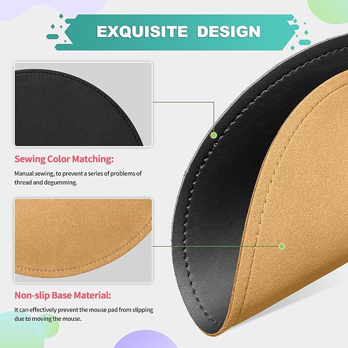 Mouse Pad，Round Mouse Pad，PU Mouse Pad，Leather Mouse Pad with Stitched Edge Micro-Fiber Base with Non-Slip Waterproof，Mouse Pad for Computers，Laptop，9 x 9 Inch (Black)