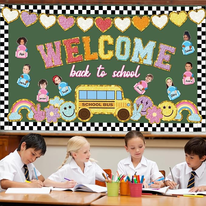 Welcome Back to School Bulletin Board Boho Groovy Preppy Patch Classroom Bulletin Board Decorations Schoolbag Paper Cutouts for Office Chalkboard Decor First Day of School Wall Door Supplies