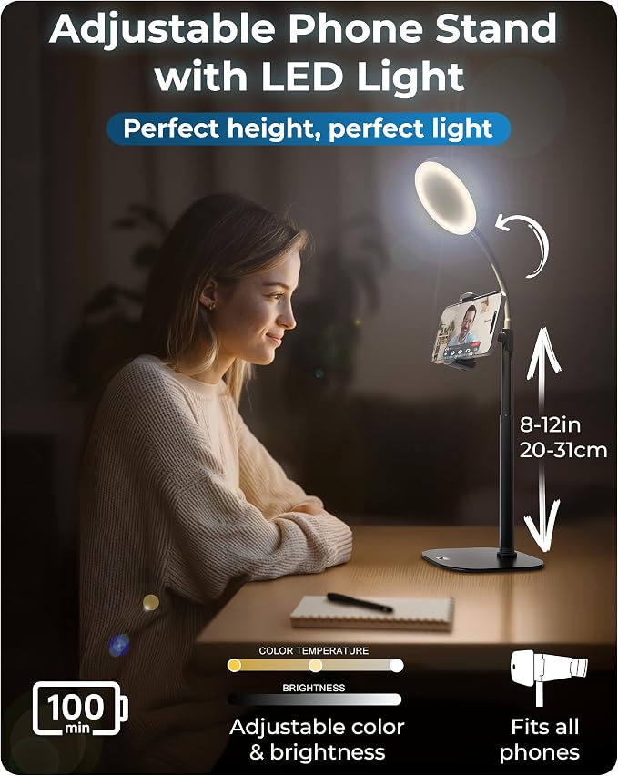 COOPER ChatStand Halo Sturdy Phone Stand for Recording with Light for Desk | 9-13" Adjustable, Weighted Base, iPhone Stand & Phone Holder, Ring Light Tripod for Video Recording, Filming, Fits all Phones
