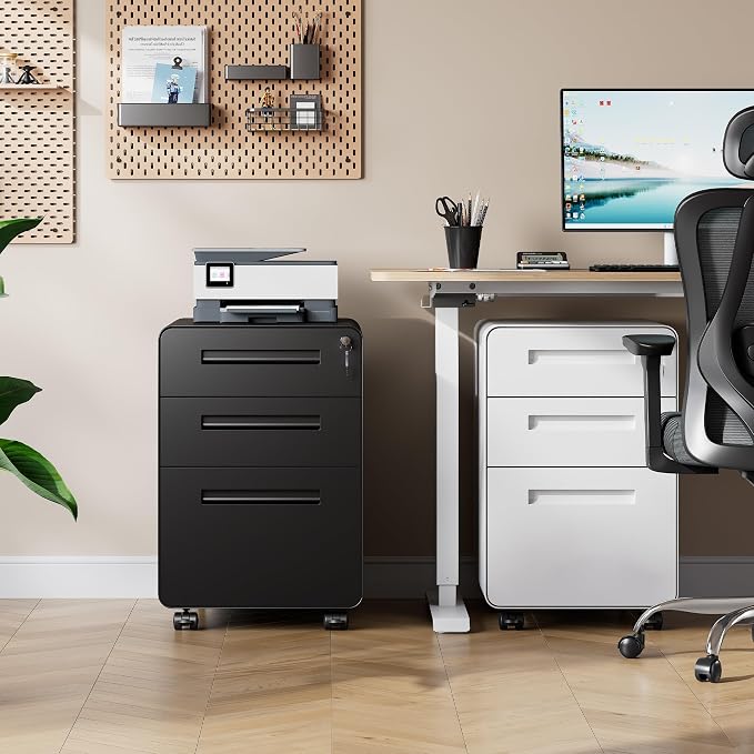 DEVAISE 3 Drawer File Cabinet with Lock, Fully Assembled Except Casters | Thickened Metal Mobile Filing Cabinet, Under Desk File Cabinet for Home Office, fits Letter/Legal Size, Black
