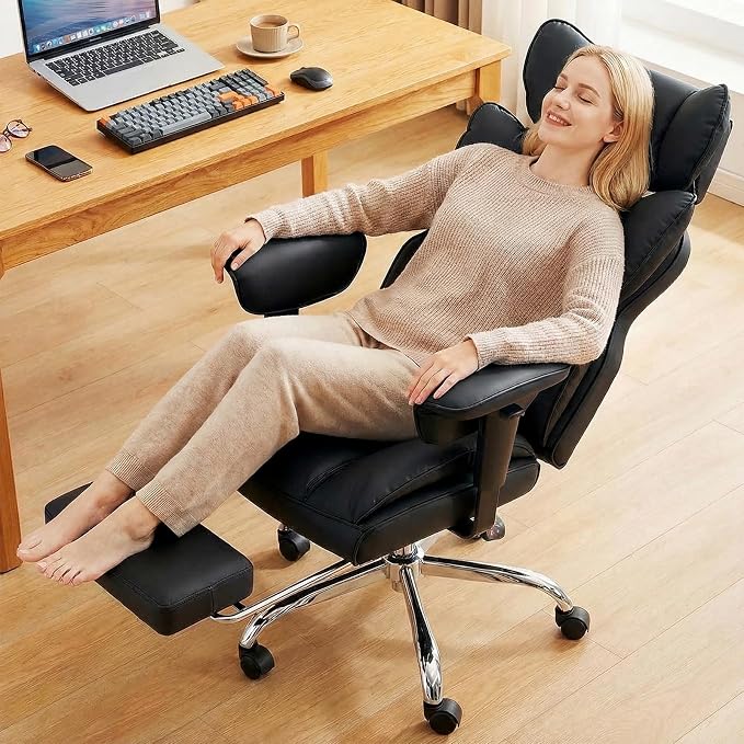 DUMOS Big and Tall Home Office Desk Chair, Executive Chair with Footrest | PU Leather, Ergonomic Comfy Lumbar Support, High Back Reclining, Adjustable Armrests, Black