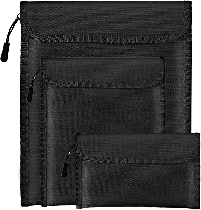 Fireproof Waterproof Document Bag 3-Pack Black 2000℉ Money Bag for Cash Passports ID Cards Social Security Card Protector Waterproof Zipper Pouch Fire Proof Bank Bag Document Holder