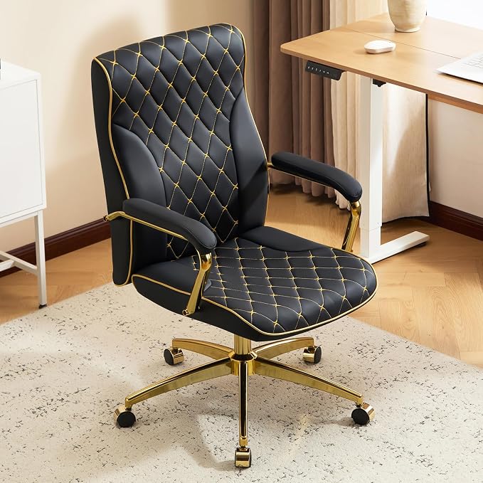 Black and Gold Office Chair, Leather Office Chairs, Adjustable Vanity Chair with Golden Legs and Padded Armrest, Modern Upholstered Computer Chair with Wheels,Black