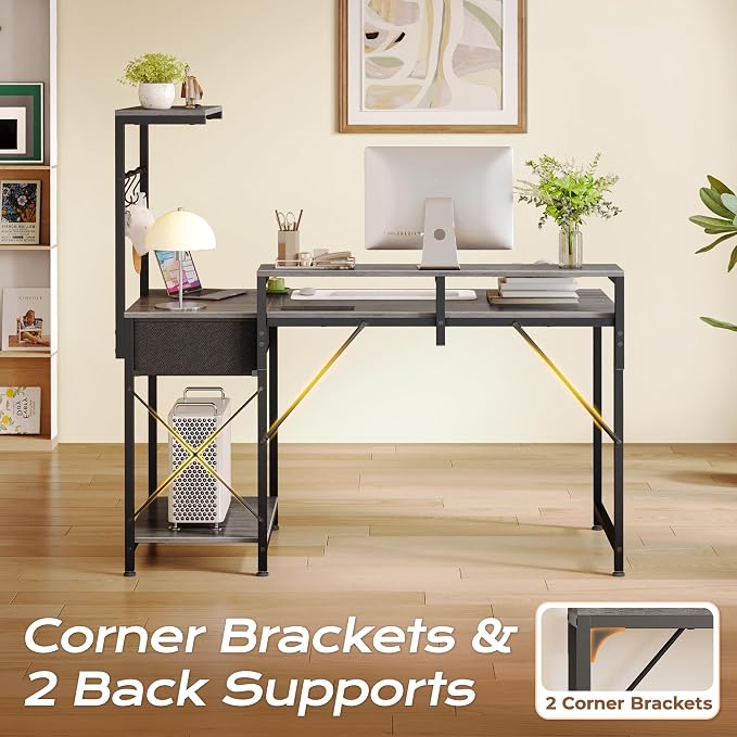 47.2 Inch Gaming Desk with LED Lights & Power Outlets | Computer Desk with Drawer & Storage Shelves, Office Writing Desk with Monitor Stand for Work from Home, Grey