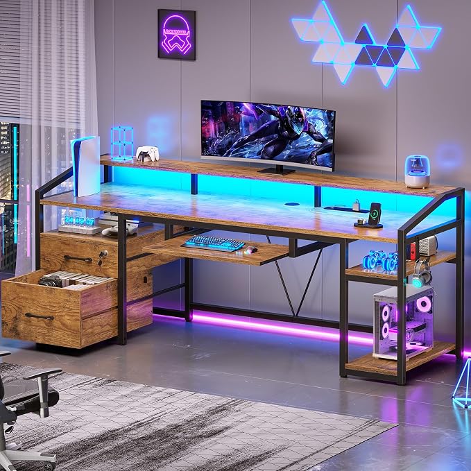 SEDETA 63" Computer Desk, Office Desk with Lock Drawers for Legal/Letter File, Gaming Desk with LED Light & Power Outlet, Home Office Desks for Printer, Rustic Brown