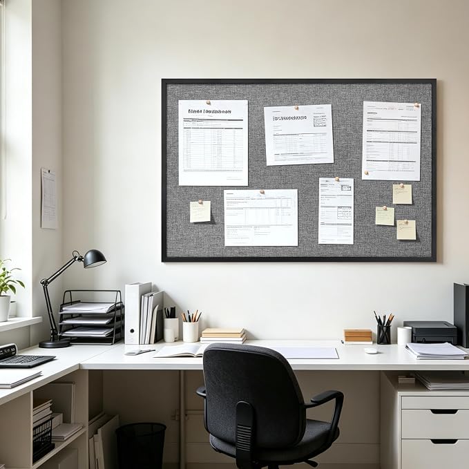 SELEAD Double-Sided Linen and Cork Bulletin Board (36"x24", Grey) | 2-in-1 Fabric Linen & Cork Pin Board, White Wood Frame Wall Decor Photo Display Vision Board for Home Family, Office, School