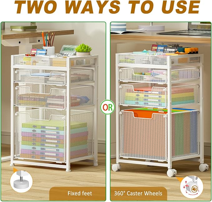 Rolling File Cart with 3 Storage Drawers, Under Desk Organizer with DIY Divider, Moblie Filing Cabinet on Wheels, Fits A4/Letter Size, Metal Utility Cart for Home Office, White