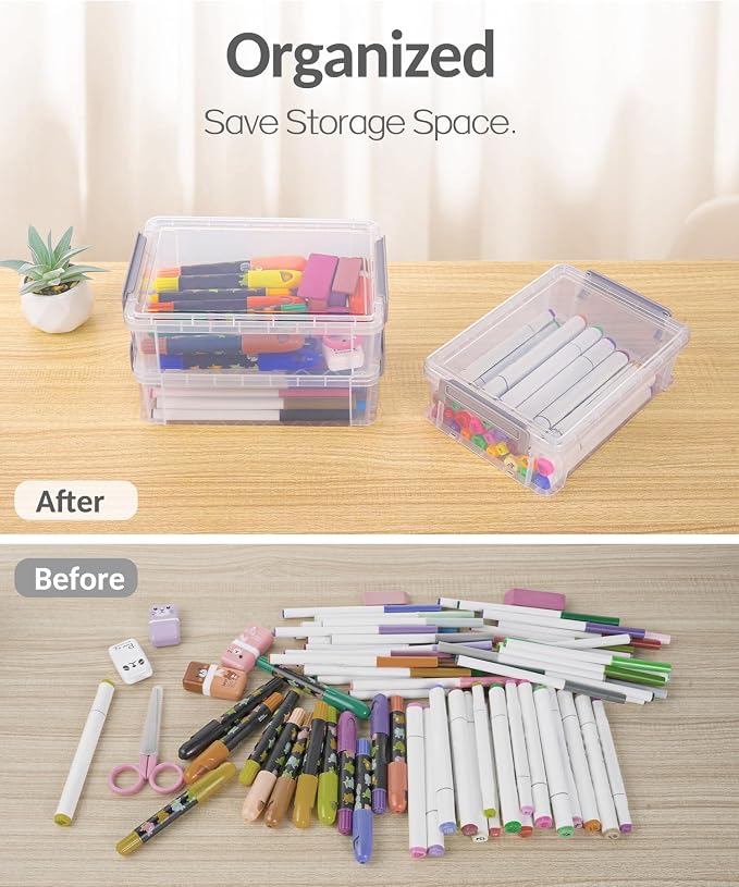 Sooez 6 Pack Extra Large Pencil Box, Plastic Pencil Case Crayon Box | Clear Marker Organizer Plastic Containers with Lid, Stackable Storage Boxes for Art Craft,Back to School Supplies, Multi