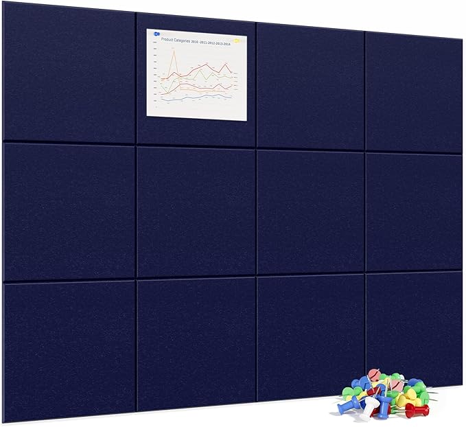 Large Cork Board for Wall, 48" x 36" Bulletin Board with Pushpins, 12 Panels Felt Tiles Tack Push Pin Board for Office, Dark Blue