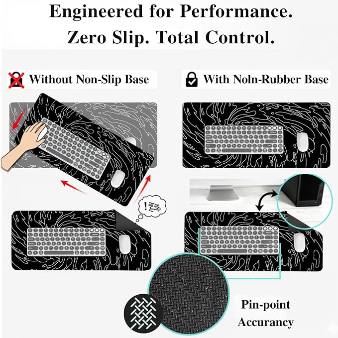 Gaming Mouse Pad L (31.5x11.8in) - Black Abstract Line Art Waves, Dark Japanese Doodle Design - Desk Mat for Gamers