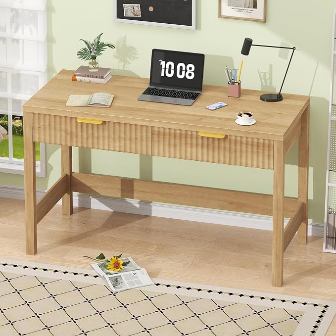 47 Inch Small Fluted Computer Desk with 2 Drawers for Bedroom, Home Office | Small Computer Desk with Storage, Compact Writing Study Desk for Small Spaces, Oak