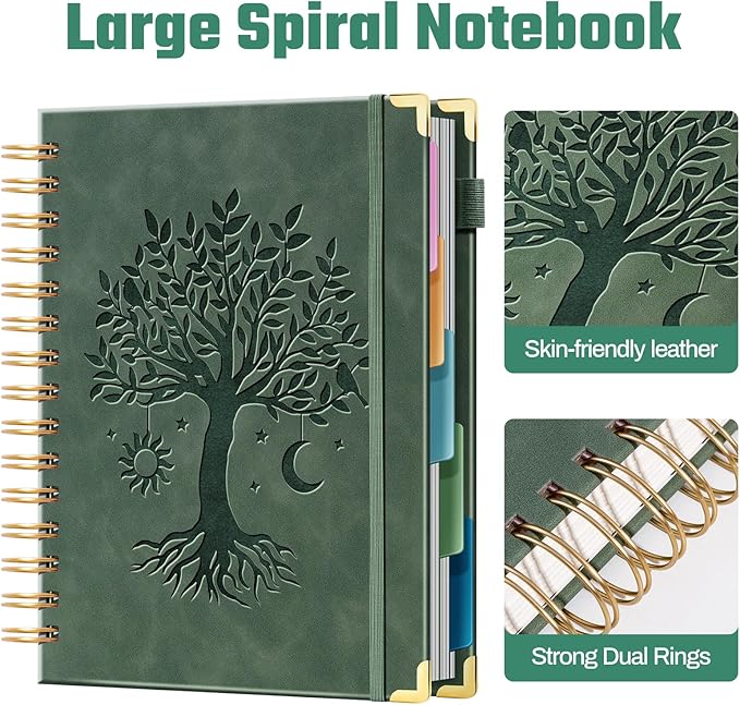 Hardcover Spiral Notebook 8" x 10" with 5 Removable Dividers 300 Pages Leather 5 Subject Notebook College Ruled 100GSM Large Spiral Notebooks for Work Thick Lined Journal for Women, Green
