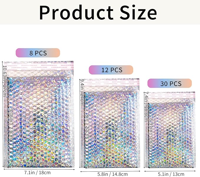 Metallic Bubble Mailers Set of 50, 3 Sizes Holographic Bubble Shipping Bags, Waterproof Self Seal Padded Cushion Envelopes for Packing, Mailing, Business, Jewelry, Makeup