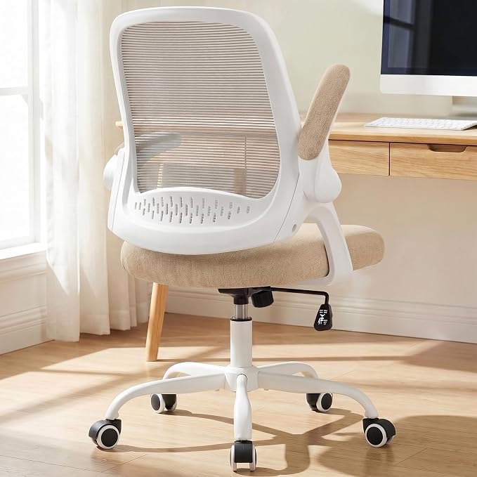 NEO CHAIR Office Computer Chair Ergonomic Mesh Back Flip-Up Arms, Beige | Lumbar Support, Smooth-Rolling Casters, Height Adjustable Seat, Comfortable Seating for Office, Study and Computer Work