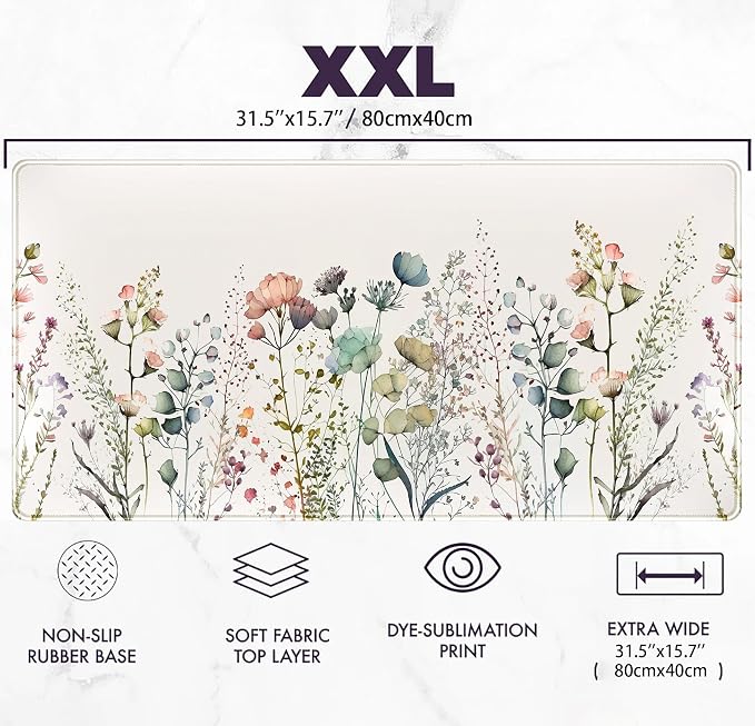 Floral Desk Mat Beige Boho Desk Pad, Large Extend Mouse Pad XXL, Cute Minimalist Flowers Keyboard Mat, Esthetics Desktop Mat Laptop Wireless Mouse Mat for Desk, Gift for Women 31.5"x15.75"